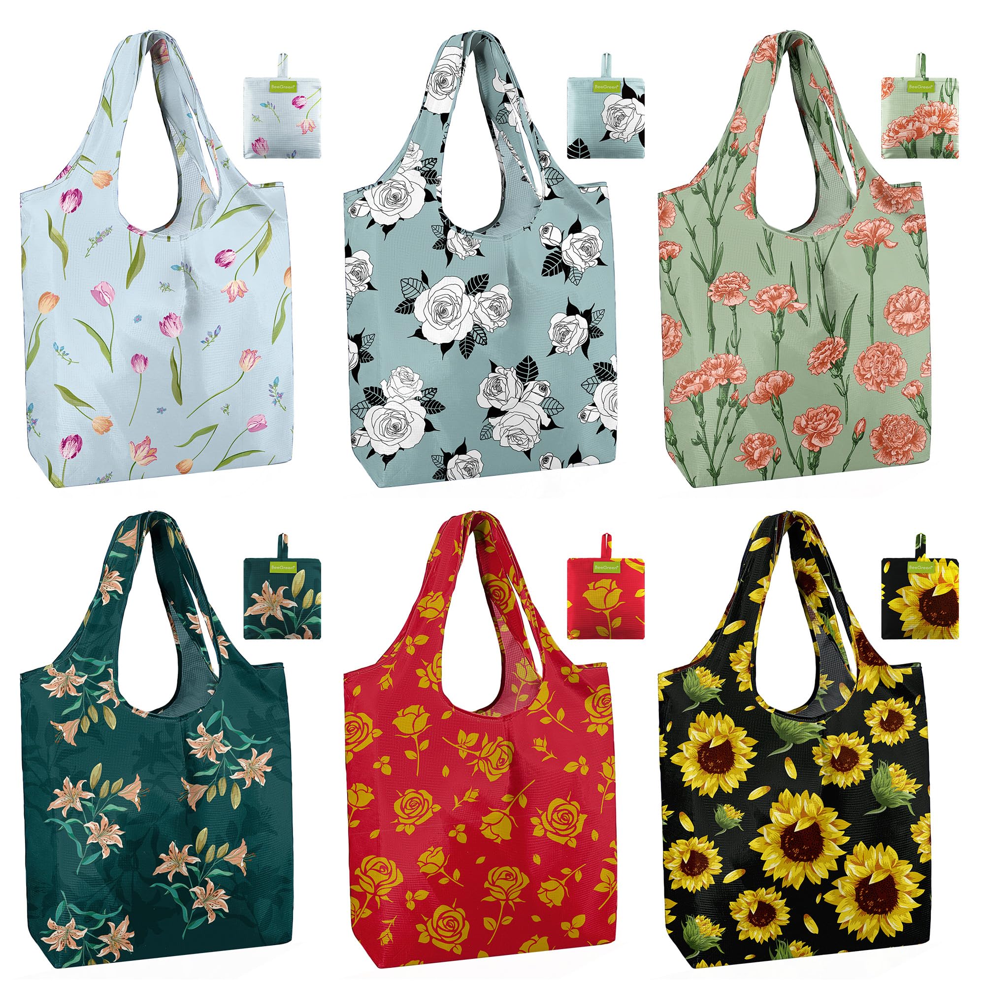 BeeGreen Christmas Reusable Gift Bags,6 Pack Large Holiday Tote Foldable Cloth Bag for Women, Cute Grocery Storage for Xmas Gifts Market Shopping, Washable Collapsible Reusable Bags with Handles